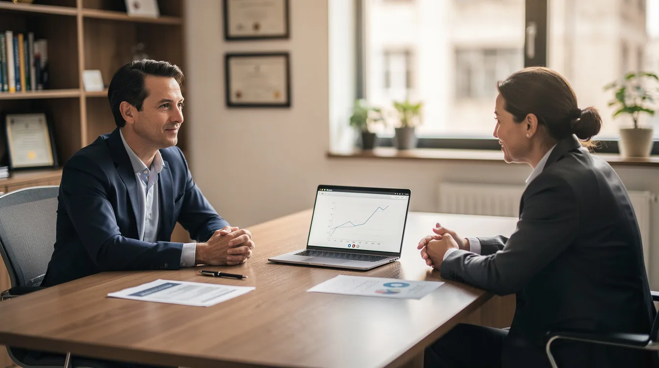 A professional financial advisor is meeting with a client at a desk, discussing personalized financial planning strategies to achieve their retirement goals. The advisor is equipped with documents and tools to provide tailored investment advice and help the client understand their financial picture.