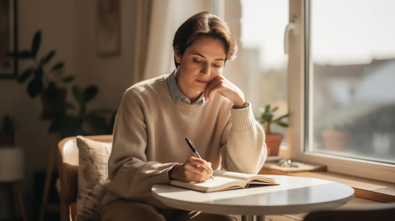 A thoughtful person sits alone in natural light, journaling about their past relationships and reflecting on their journey towards emotional readiness for a meaningful relationship. Surrounded by a serene atmosphere, they appear focused on their own happiness and the qualities they seek in a future partner.