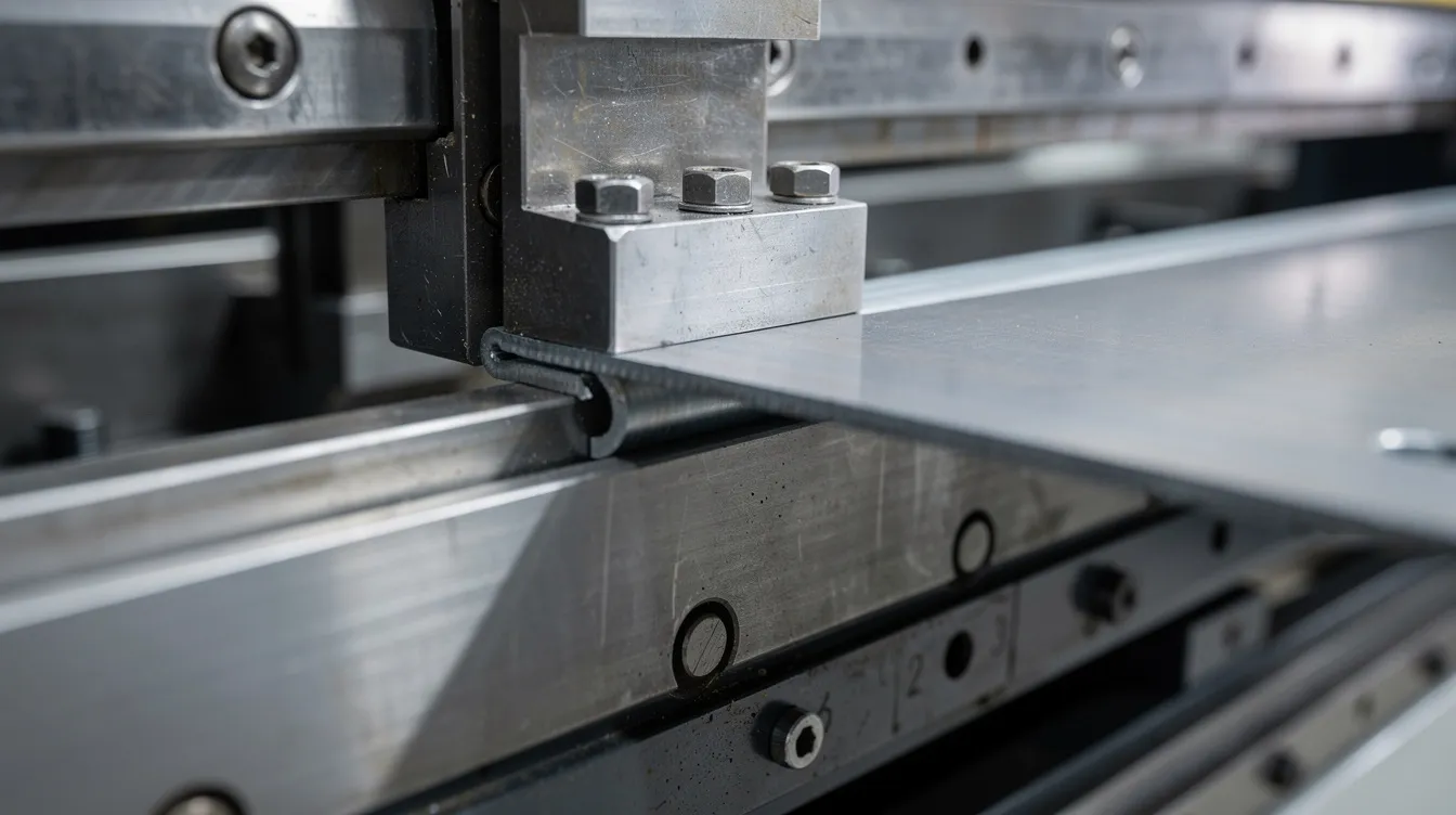 A close-up view of a CNC press brake machine shows the bending process of a sheet metal part, as the punch applies bending force to form a precise 90-degree bend in a mild steel sheet against a V-shaped die. The image highlights the intricate details of the tool and the metal's surface as it is shaped into a bent form.