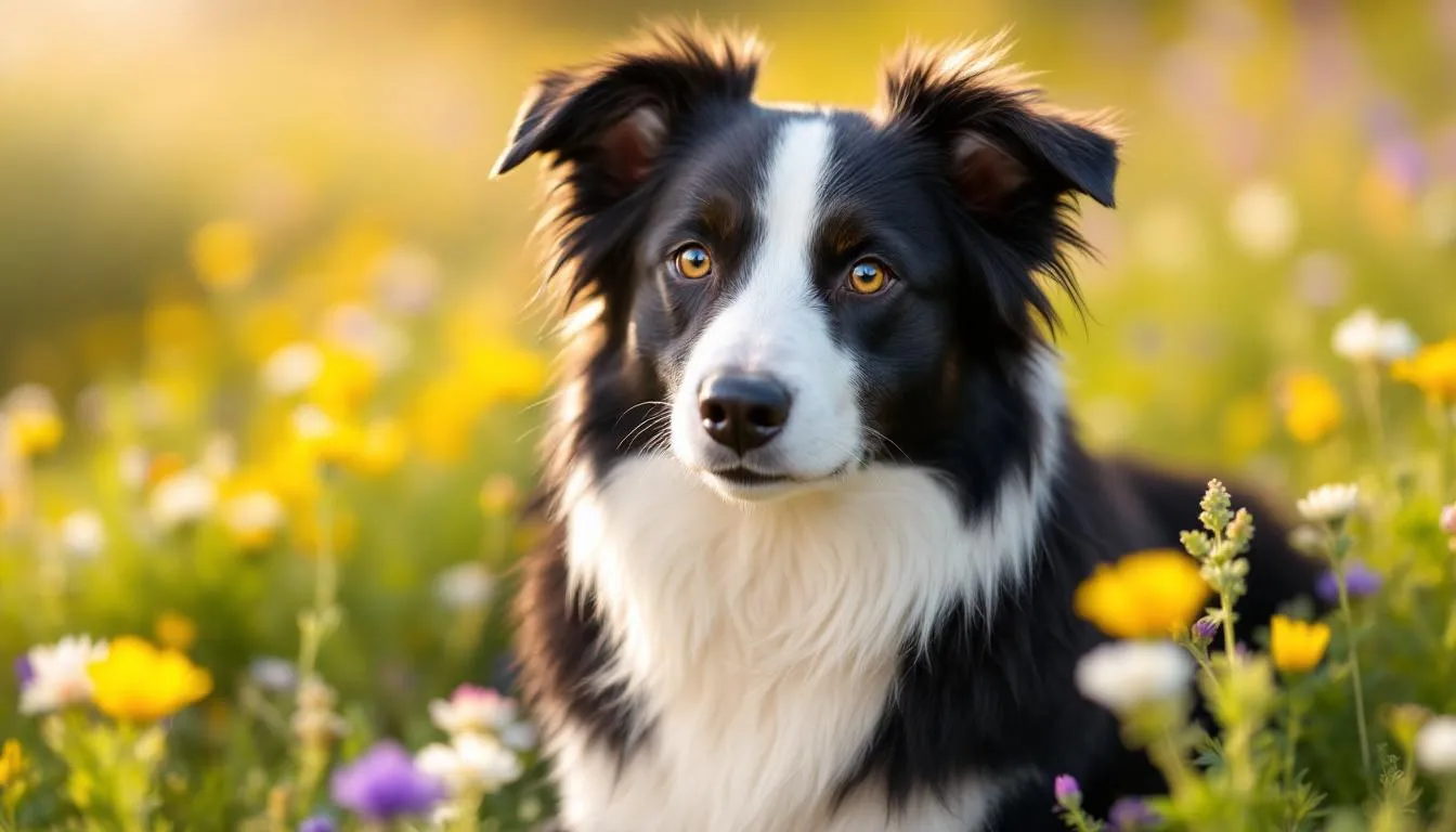 A Border Collie with striking black and white markings sits gracefully in a vibrant meadow, embodying the playful spirit of a new furry friend. This cute dog, with its unique coat pattern, serves as an inspiration for creative and funny dog names that reflect a pup