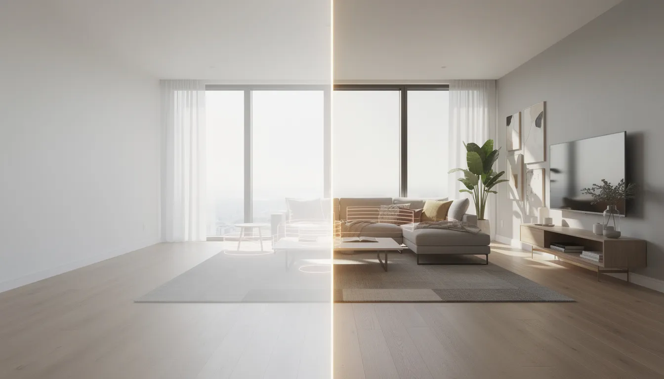 The image depicts an empty living room that is being transformed into a beautifully furnished modern space, showcasing the potential of virtual staging through AI technology. This transformation highlights how real estate professionals can utilize AI tools to enhance property listings and attract potential buyers.