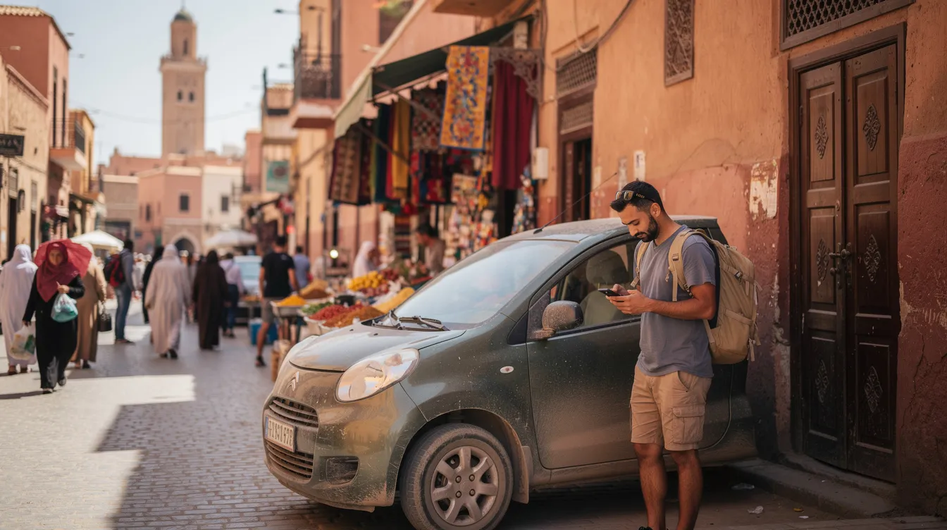 A tourist stands beside a parked car, checking their phone on a bustling street in a Moroccan city, likely planning their next ride using a ride hailing app like Uber. The scene captures the vibrant atmosphere of urban life in Morocco, where digital transformation is reshaping transportation options for passengers.