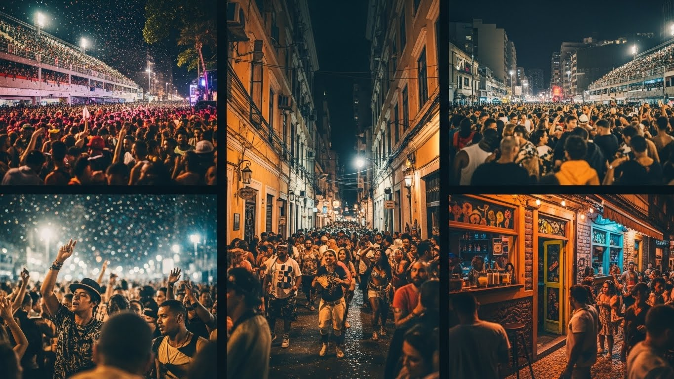 Nighttime collage of Rio de Janeiro during Carnival showing street parties, samba blocos, dancing crowds, and glowing city lights across different neighborhoods.