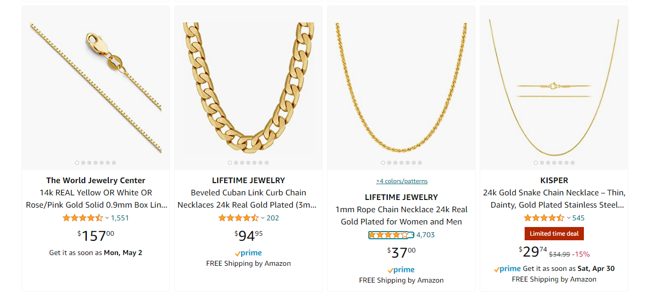 amazon search results page for 24 k necklaces