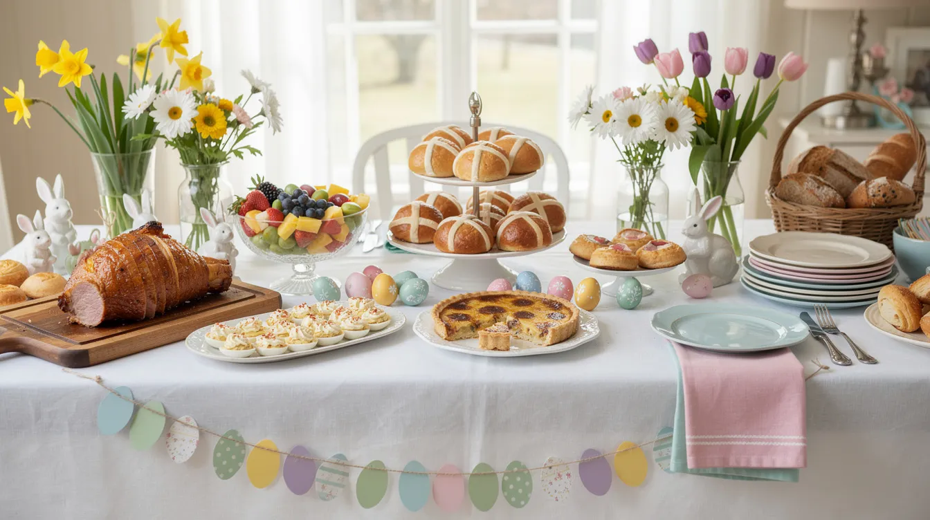 The image depicts a vibrant Easter brunch buffet table adorned with a variety of delicious dishes, including roasted carrots, deviled eggs, and a beautifully decorated carrot cake, all surrounded by fresh spring flowers and colorful decorations, creating a festive atmosphere for an Easter Sunday celebration. This setup showcases a delightful array of Easter brunch ideas perfect for a no-stress holiday feast.