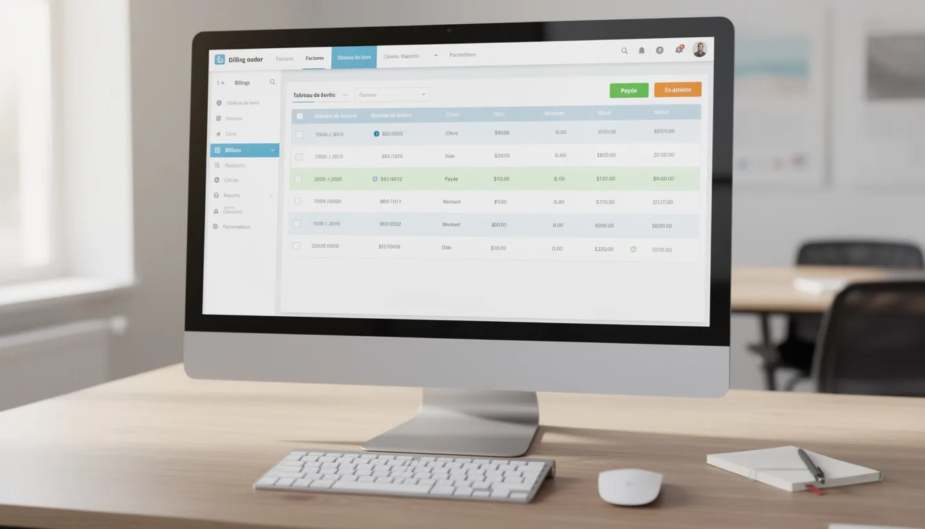 L'image montre un écran d'ordinateur affichant une interface de logiciel de facturation dédié aux soins infirmiers, avec des éléments tels que des feuilles de soins, des tarifs et des options de télétransmission pour faciliter la gestion des actes infirmiers. Ce logiciel est un outil essentiel pour les infirmiers et infirmières libérales, leur permettant de gérer efficacement la facturation et la comptabilité de leurs prestations.