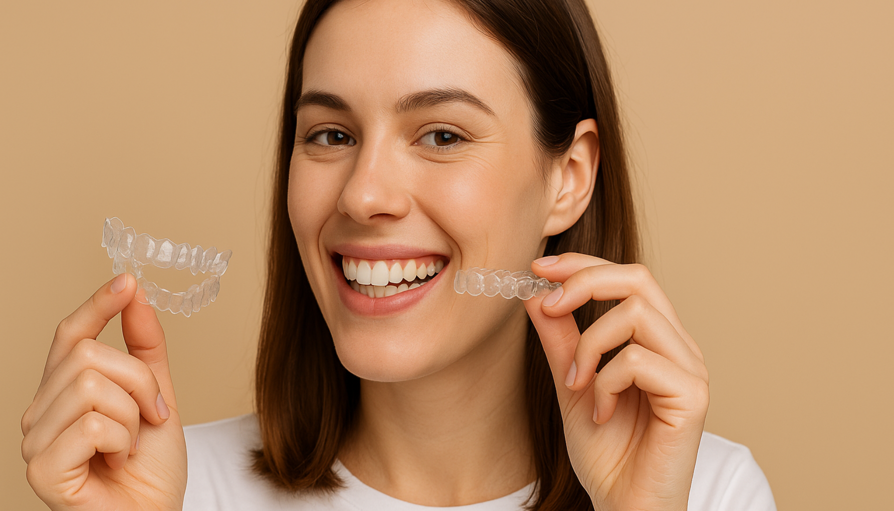 Smilende pasient holder opp to gjennomsiktige reguleringer foran munnen.