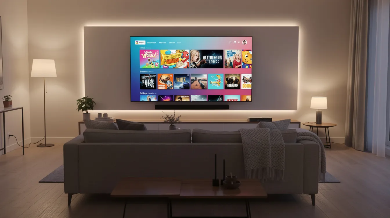 The image features a modern living room with a large flat-screen TV showcasing a vibrant streaming interface, surrounded by a cozy couch and soft ambient lighting, ideal for enjoying entertainment through various IPTV services and smart TV options. The setup suggests a comfortable space for accessing live TV channels and movies via compatible devices.