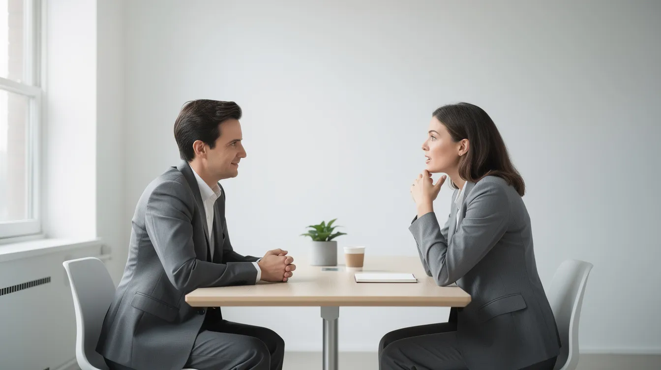 Deux professionnels sont en conversation dans un bureau épuré, évoquant des idées liées au leadership et à la croissance personnelle. L'ambiance suggère un dialogue confidentiel, propice à la prise de décision et au développement des compétences.