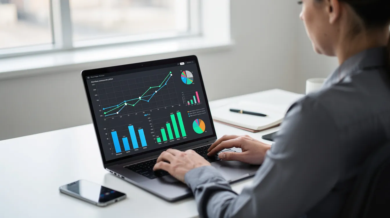 The image shows a person focused on their laptop, with various charts and graphs displayed on the screen, likely analyzing data related to search engine optimization and link building efforts. This scene reflects the importance of creating quality backlinks and understanding search engine rankings for effective digital marketing strategies.