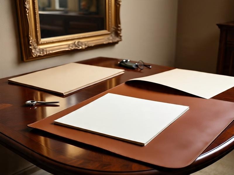 A picture of a wooden desk holding sheets of cream-colored paper, a brown leather mat, and a small metal tool, with a large gold-framed mirror hanging on the wall in the background.
