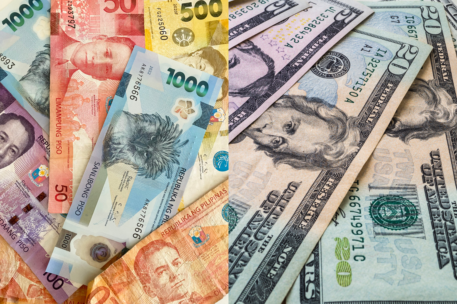 Image of Philippine pesos on one side and U.S. dollars on the other.