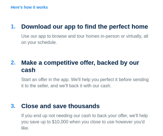 The three steps for how to use the app to buy a home.