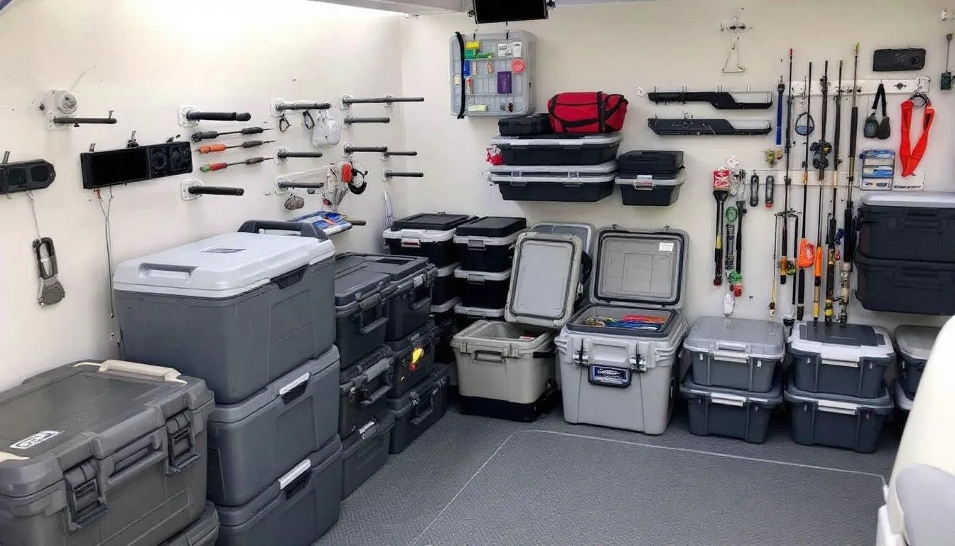 The image depicts an organized boat storage area filled with various boating supplies, including marine coolers, waterproof boxes, and tackle organization systems, ensuring boaters can easily find and access their essential accessories for an enjoyable day on the water.