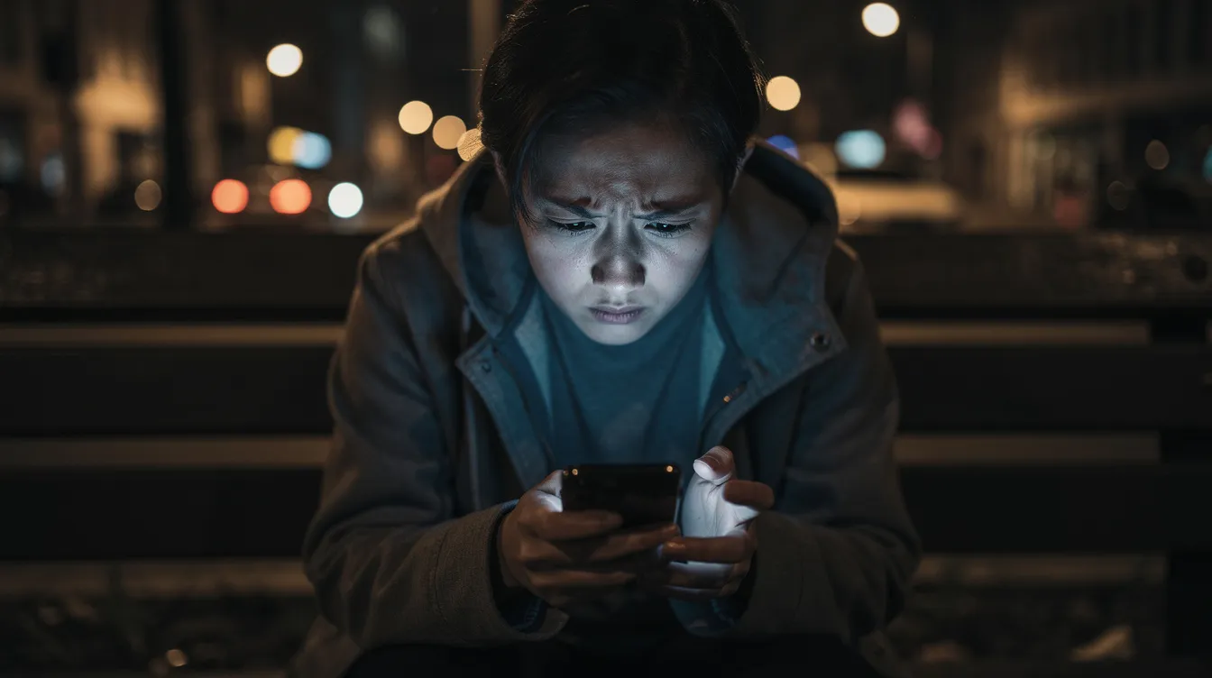 A person sits alone, looking at their phone with a worried expression, possibly reflecting on their emotional health and attachment style. This scene hints at the struggles of maintaining healthy relationships and the impact of anxious attachment on one's self-esteem and mental well-being.