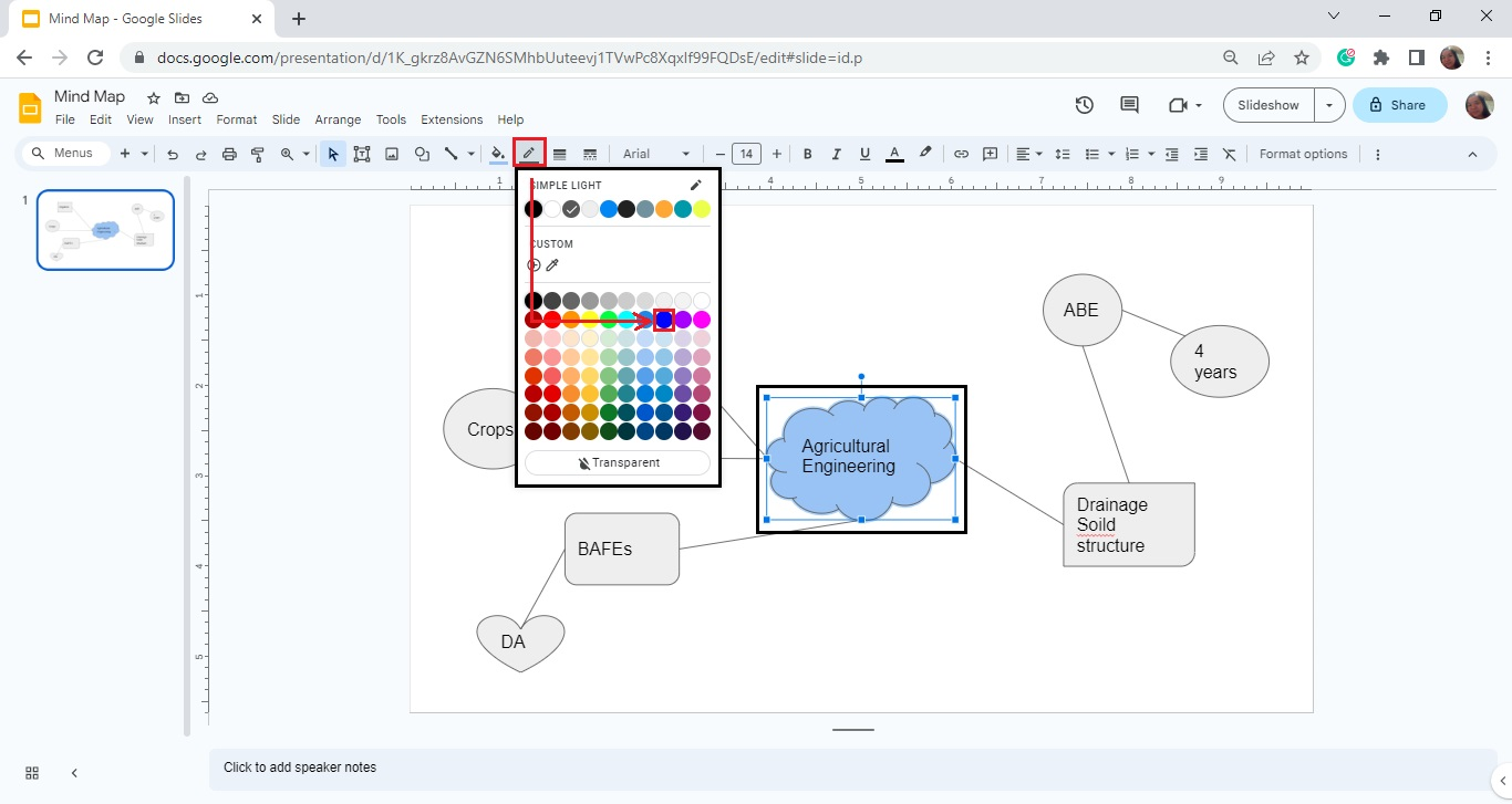 You can alsi change the color for the border line of your shape on your mindmap by clicking the border color from the tool bar section.