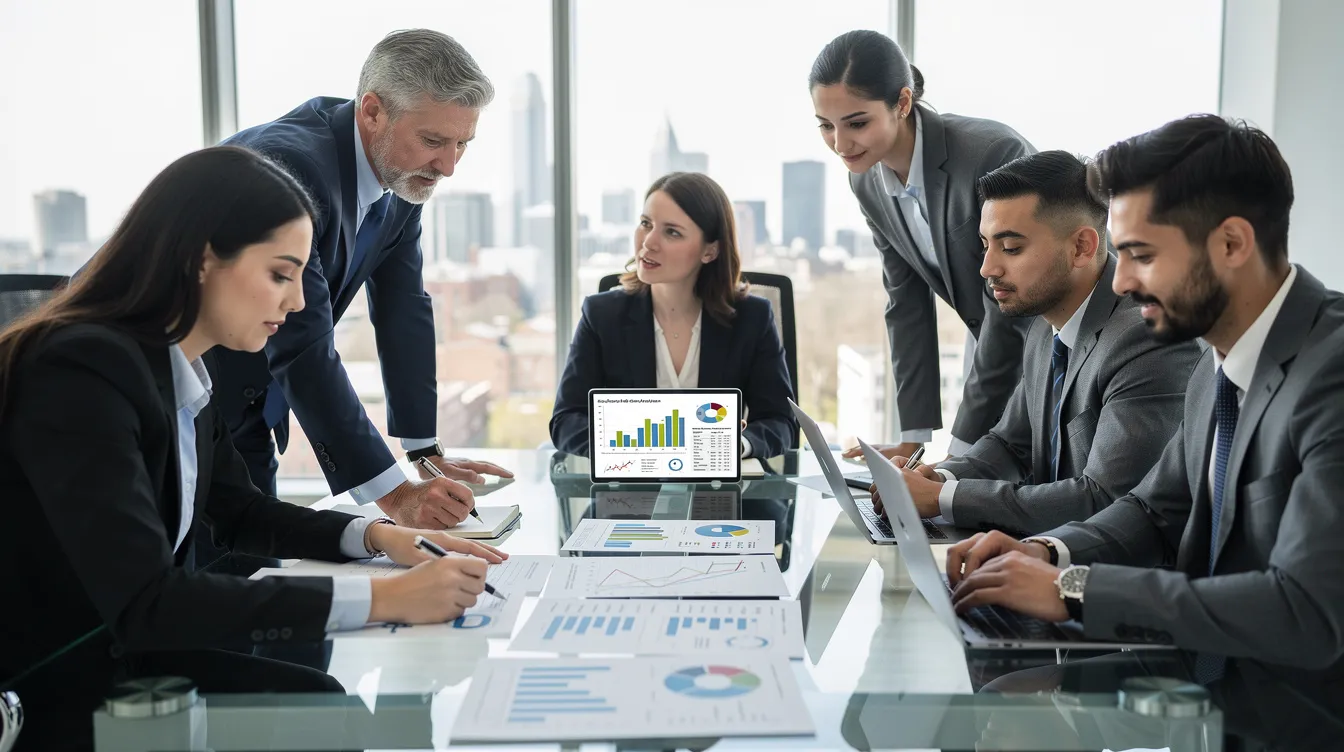 A diverse team is gathered around a conference table, intently reviewing documents and charts that likely relate to their ongoing AI project. Their collaboration exemplifies the innovation and strategic planning essential for leveraging new AI tools to solve specific challenges within their organization.