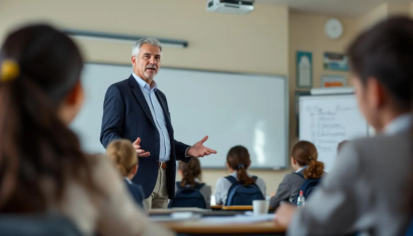 Bir öğretmen, ortaokul öğrencilerine matematik dersi vermektedir. Sınıf ortamında öğrenciler dikkatle dinlerken, öğretmen konuyu açıklamakta ve öğrenme sürecini desteklemektedir.