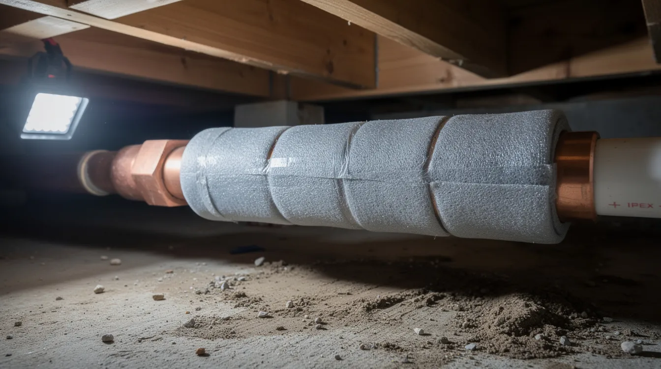The image shows a collection of copper and plastic water pipes in a residential crawl space, all wrapped in foam insulation to maintain temperature and prevent condensation. This setup is crucial for the home's plumbing system, ensuring efficient water supply and drainage for various fixtures throughout the house.