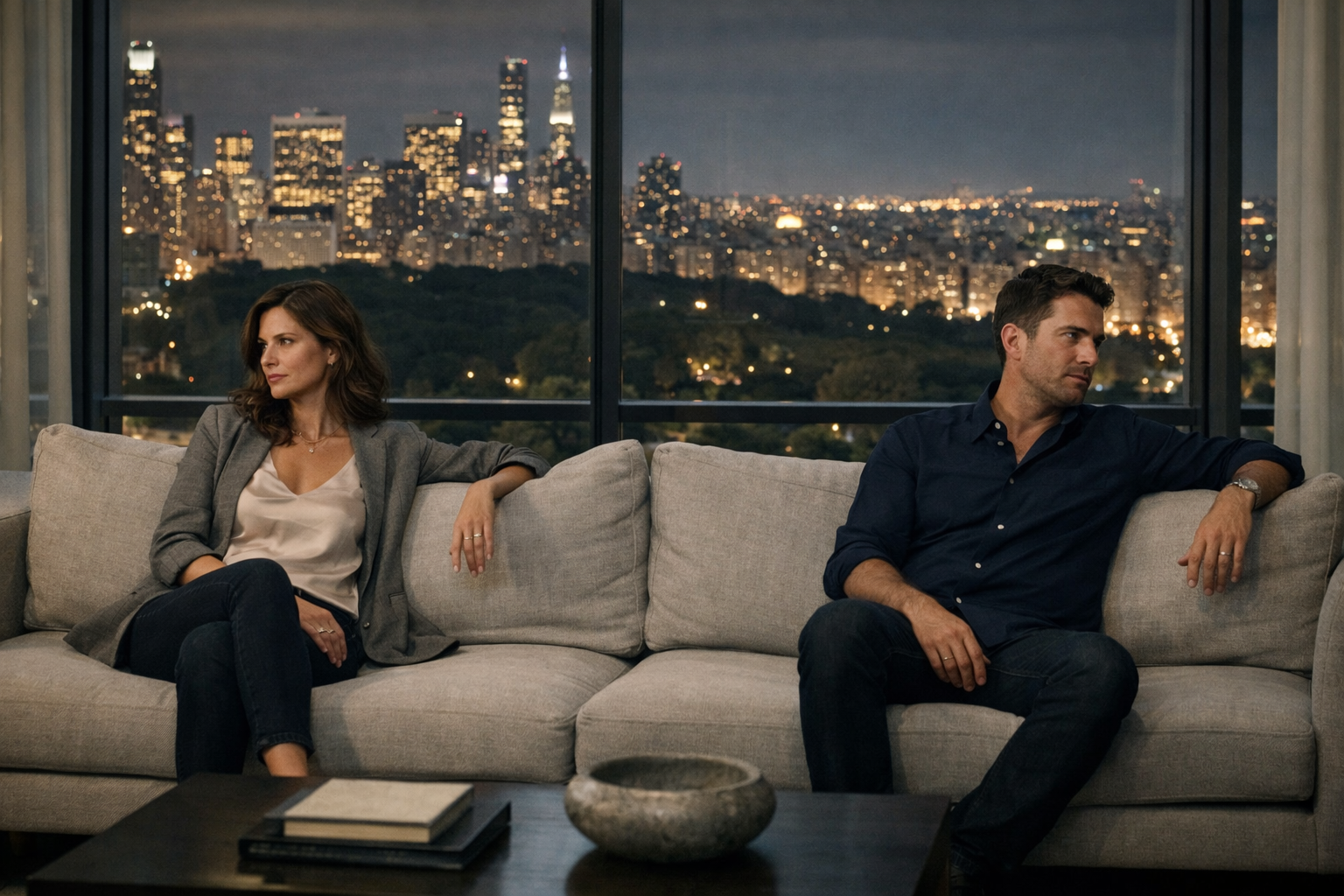 Affluent Manhattan couple sitting at opposite ends of a modern sofa in a high-rise Upper West Side apartment, city lights visible through the windows, showing emotional distance after infidelity.