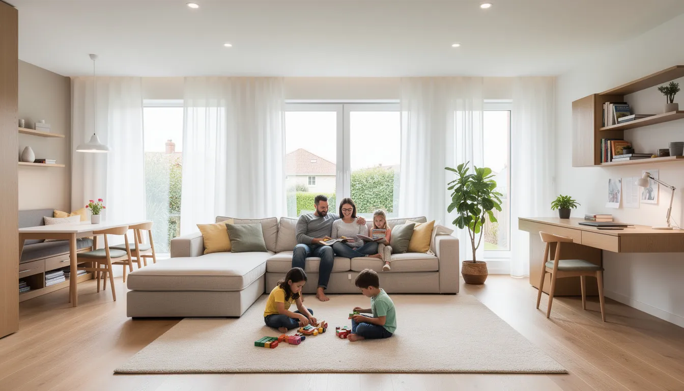 A family is gathered in a beautifully renovated living space, showcasing effective furniture layout modifications that create more usable space. The room features natural light streaming through stylish window frames, ambient lighting from recessed fixtures, and personal touches like a gallery wall, all contributing to a warm and inviting atmosphere.