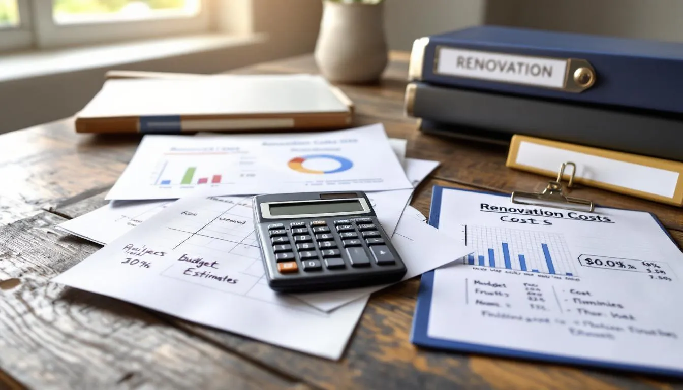 Een bureau met een rekenmachine en verschillende woningdocumenten, waarop kostenberekeningen voor renovatieprojecten zijn gemaakt. De documenten bevatten informatie over de subsidieregeling procesondersteuning opschaling renovatieprojecten en energiebesparende isolatiemaatregelen.