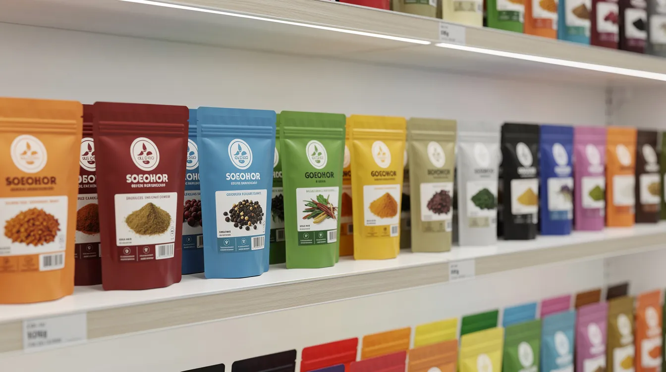 087afd83 01e3 4e4f 802f 3b1b1bed91b8 The image features a modern retail shelf displaying neatly arranged branded spice pouches, showcasing a variety of organic spices and spice blends, including chili powder, turmeric powder, and garam masala. This visually appealing setup highlights the potential of the spice business, attracting customers interested in high-quality raw spices for their culinary needs.