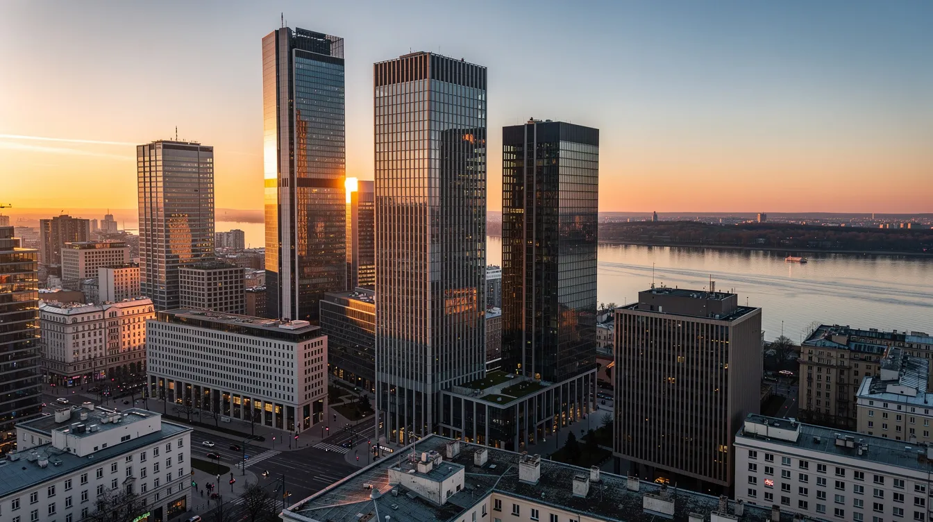 The image depicts a stunning modern cityscape of Warsaw, showcasing sleek glass skyscrapers illuminated by the warm glow of a sunset, with a river gracefully flowing in the background. This vibrant scene highlights the dynamic atmosphere of Poland's capital, a hub for many banks, including leading financial institutions like PKO Bank Polski and Alior Bank.
