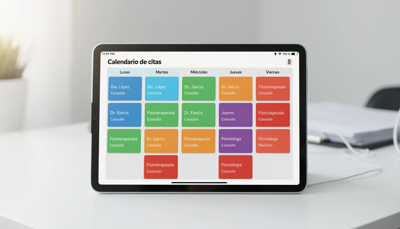 Una tablet muestra un calendario de citas organizado por colores, donde cada color representa a un profesional diferente. Esta herramienta visual facilita la gestión de horarios, ideal para empresas que buscan optimizar su atención al cliente y mejorar sus ventas por WhatsApp.