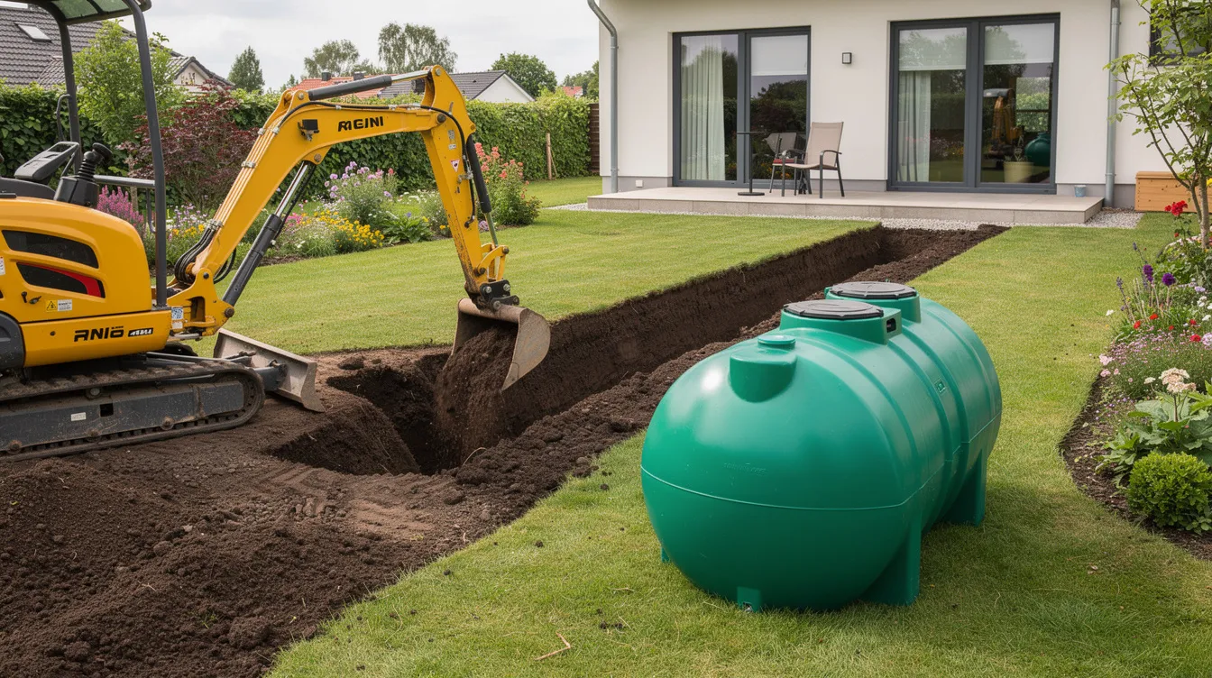 L'image montre une mini-pelle en train de creuser une fosse dans un jardin résidentiel, à côté de laquelle se trouve une cuve en plastique vert destinée à la récupération d'eau de pluie. Ce chantier illustre le processus d'installation d'un récupérateur d'eau, essentiel pour l'arrosage et la consommation d'eau potable.