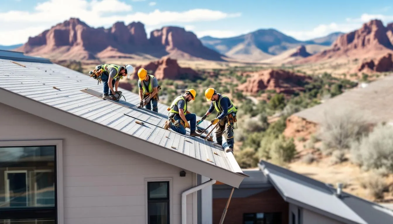 A professional gutter installation team is seen working on an upscale house, with scenic Pueblo, Colorado, in the background. The image highlights the importance of installing the right gutters, such as seamless or copper options, to protect homes from water damage and debris buildup.