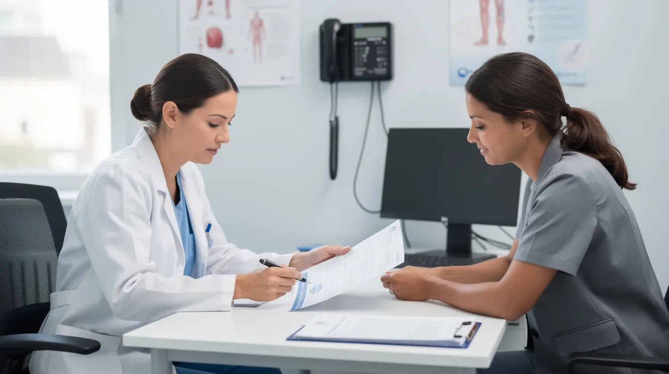 A medical professional is seen reviewing paperwork with a patient in a clinical setting, emphasizing the importance of health benefits related to aging and metabolic health. This interaction may involve discussions about David Sinclair&rsquo;s supplement regimen and its potential longevity benefits, as well as strategies for maintaining insulin sensitivity and overall well-being.