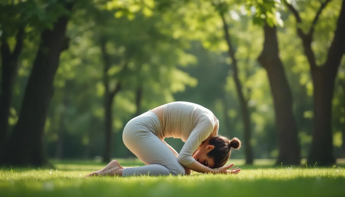 A person is practicing gentle yoga stretches in a serene outdoor setting, focusing on enhancing recovery and alleviating muscle tension. This peaceful scene promotes increased blood flow and supports muscle recovery, making it an ideal part of a comprehensive recovery routine for those engaged in physically demanding activities like playing pickleball.