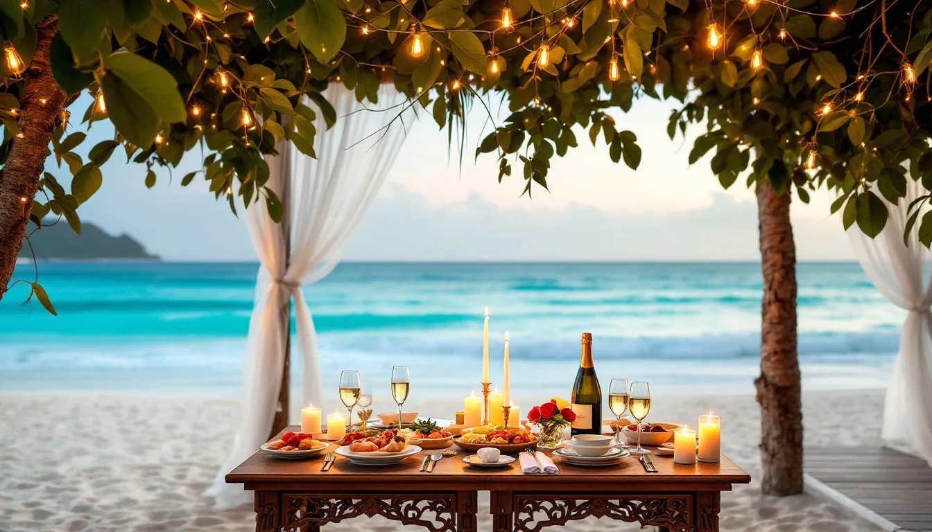 A romantic getaway at a luxury resort in Vietnam, featuring a private dinner setup on the beach.