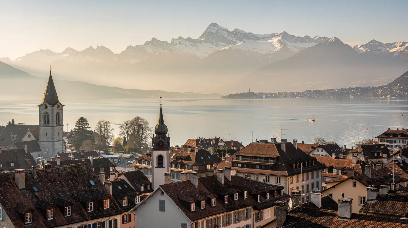 Un panorama magnifique de Lausanne montre le lac Léman scintillant en contrebas, avec les majestueuses Alpes en arrière-plan. Cette vue emblématique illustre la beauté de la suisse romande et souligne l'attrait croissant du marché immobilier en Suisse.