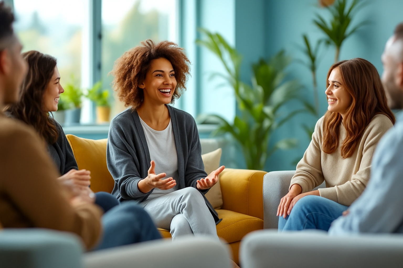 A group therapy session for bipolar disorder, showcasing participants engaged in discussion.