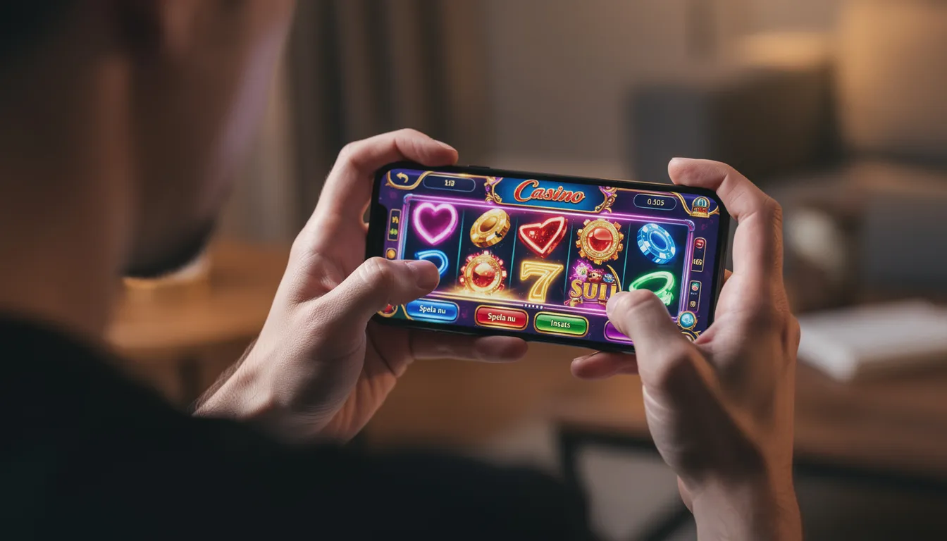 En person spelar casino på sin smartphone med en färgglad skärm som visar olika spelalternativ. Denna storspelare casino njuter av att spela stort och har tillgång till exklusiva spel dygnet runt.