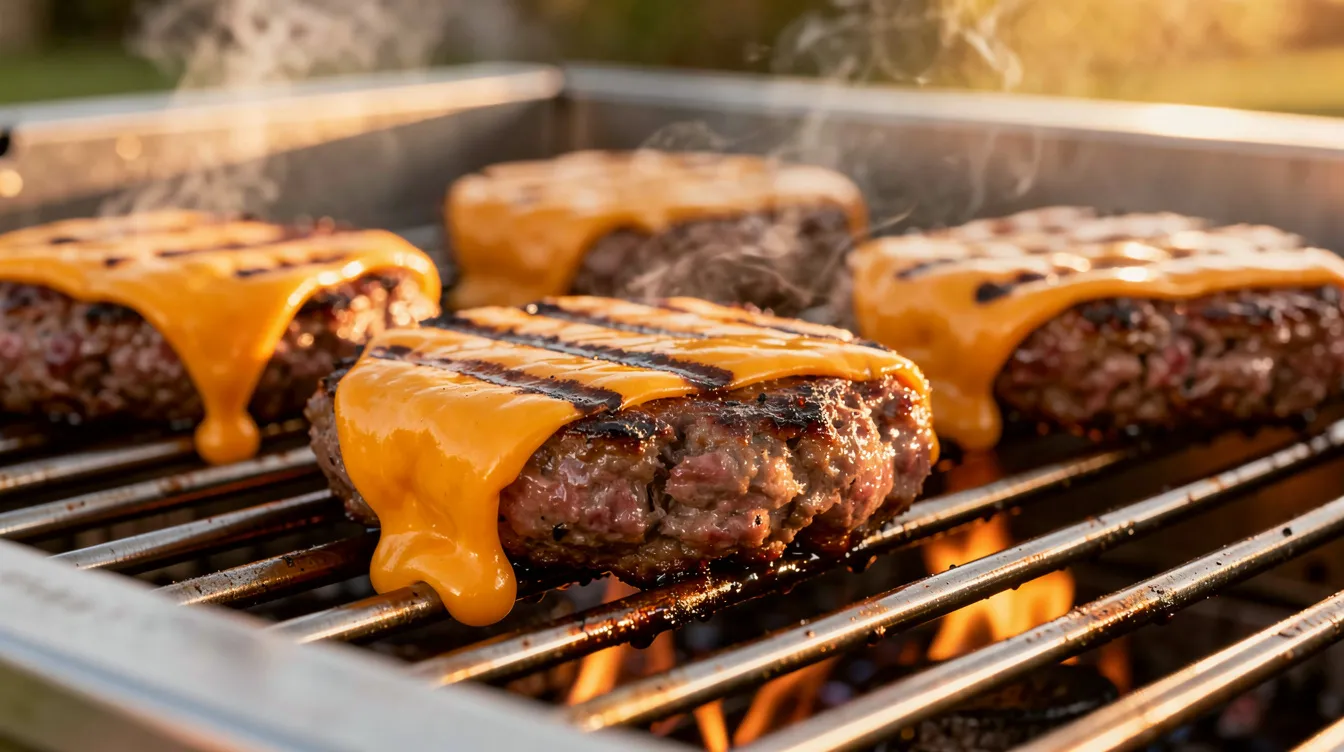 Burger patties topped with melted cheddar cheese on gas grill grates.