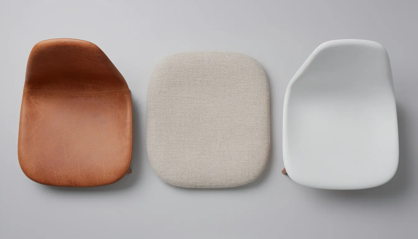 Close-up of various chair materials, such as leather, fabric, and plastic, placed side by side. The variety of materials creates an inviting atmosphere, perfect for combining dining chairs in a Scandinavian interior.