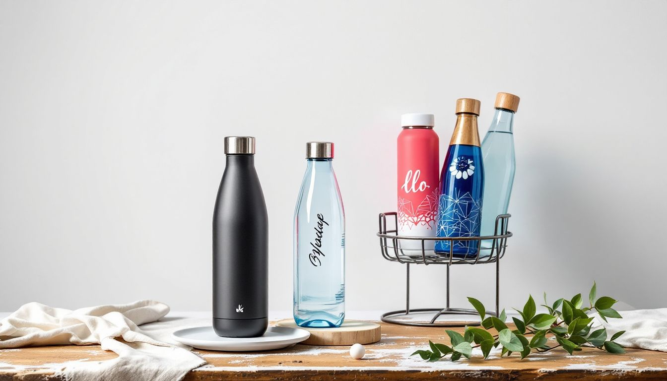 Options for customizing water bottles in different styles and colors.