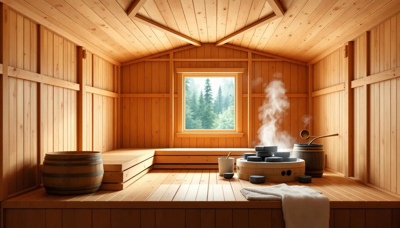 An inviting sauna room showcasing traditional sauna bathing elements.