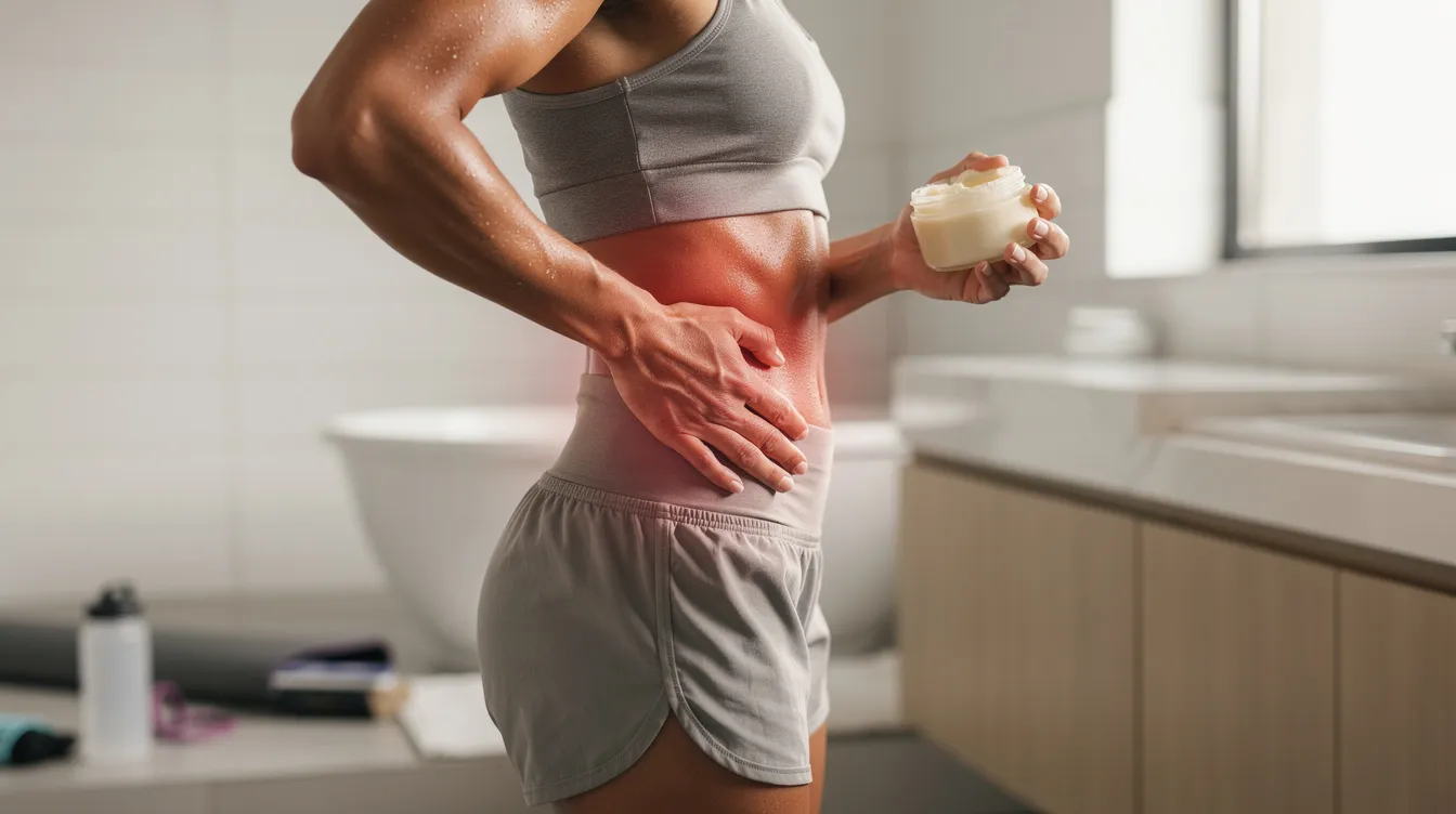 A person is using their hands to massage a topical muscle balm into their lower back after exercising, seeking relief from discomfort and chronic pain. The balm, possibly containing menthol or CBD, is intended to soothe sore muscles and improve their overall mood.