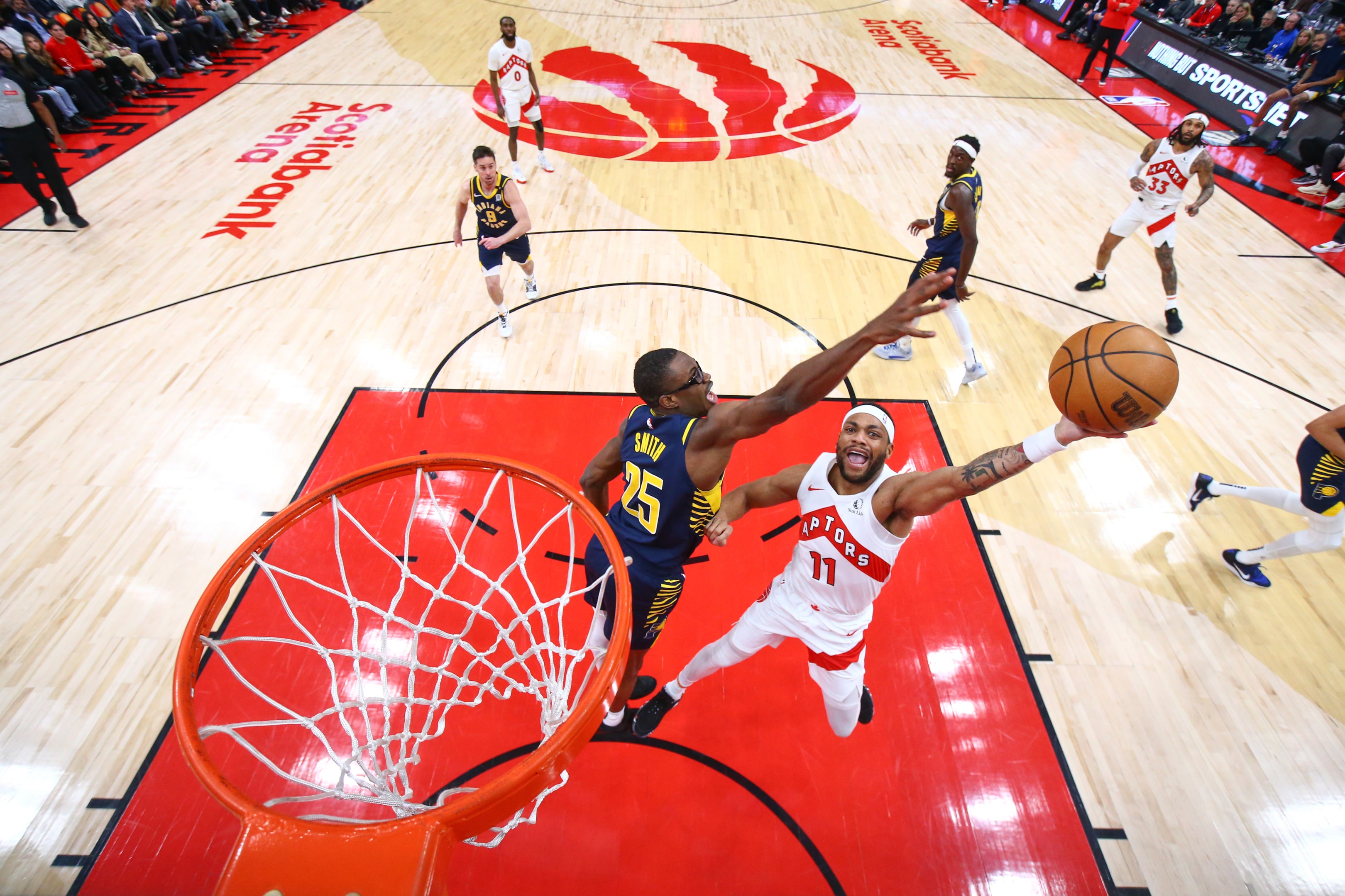 Bruce Brown of the Toronto Raptors goes to the basket during an NBA game on April 9, 2024 at Scotiabank Arena in Toronto, Ontario, Canada. 