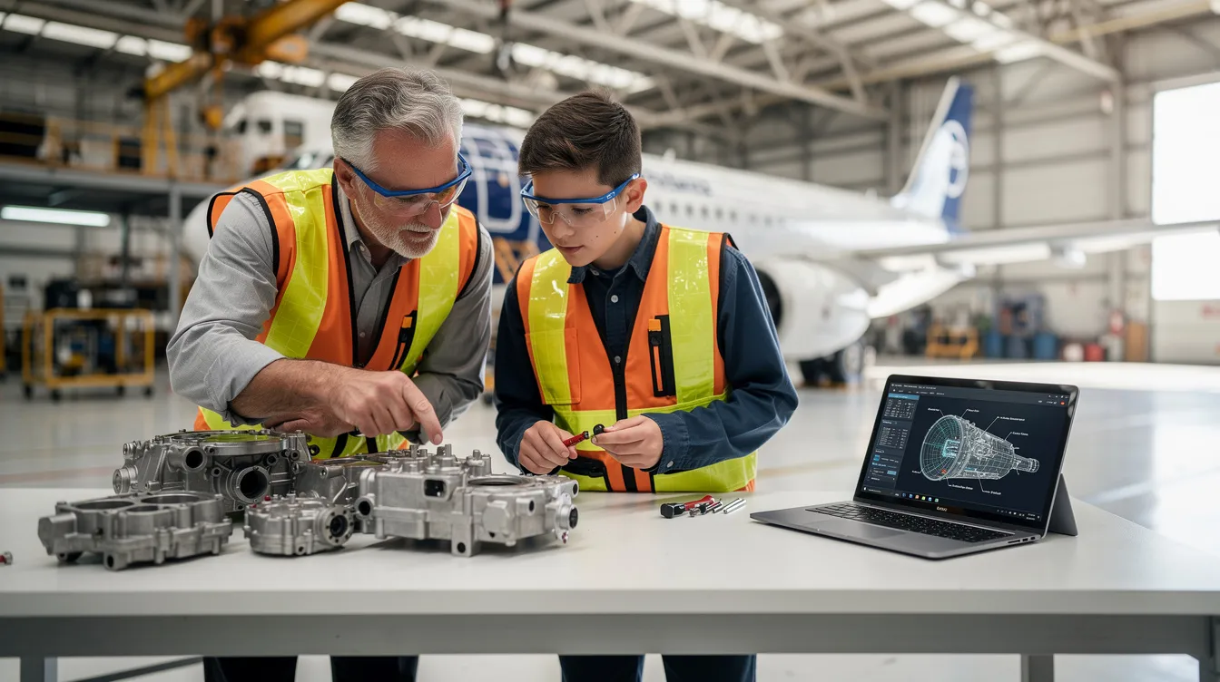 A maintenance technician and their mentor are closely inspecting aircraft components, with a digital tablet placed nearby for reference. This hands-on experience is part of an aviation apprenticeship program designed to provide real-world training and prepare apprentices for a successful career in the industry.