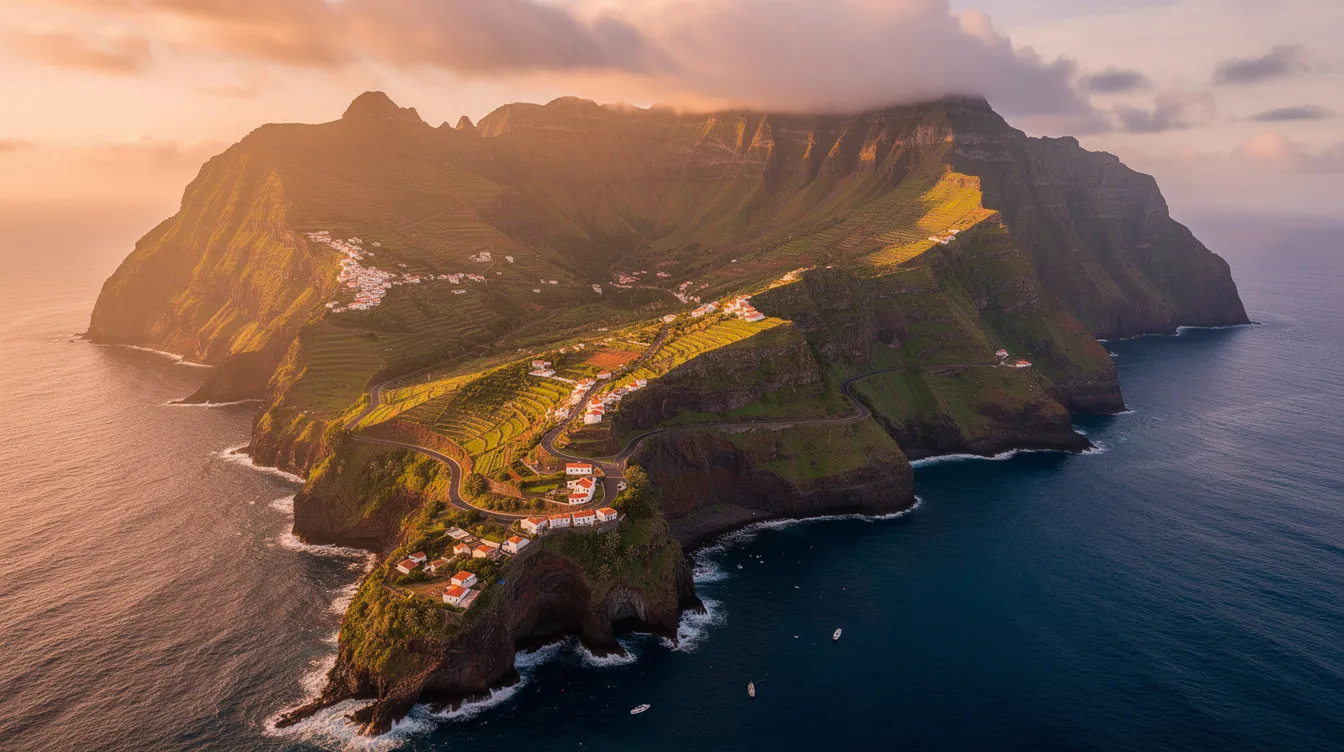 A imagem retrata a deslumbrante ilha da Madeira, Portugal, com suas montanhas verdes e a costa sul banhada pelo oceano Atlântico. Em destaque, a cidade do Funchal, famosa por suas festas da flor e piscinas naturais, proporciona um cenário paradisíaco para os visitantes.
