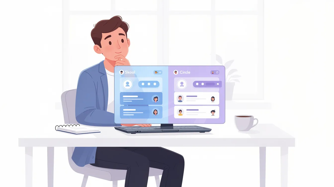 The image depicts a side-by-side comparison of Skool and Circle, two community platforms designed for community building and engagement. It highlights features like native video hosting, community discussions, and course structures, allowing users to evaluate which platform better suits their needs for managing a paid or free community.