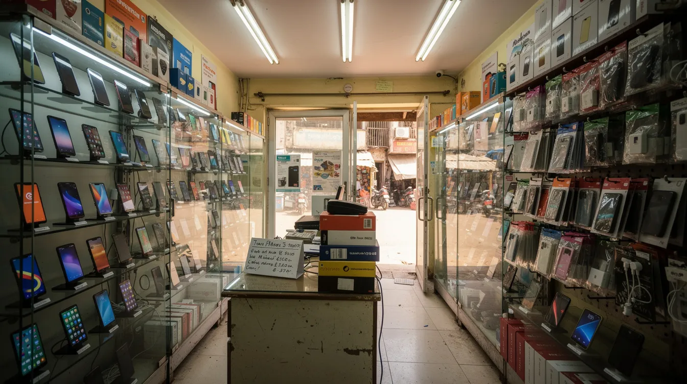 0896ada4 6a0b 4085 9a00 0bf2f8462ebf The image depicts a small Indian electronics retail shop featuring display racks filled with various mobile phones. This setting highlights the business idea of a local enterprise, which could benefit from a mudra loan project report to enhance its financial projections and overall business plan.
