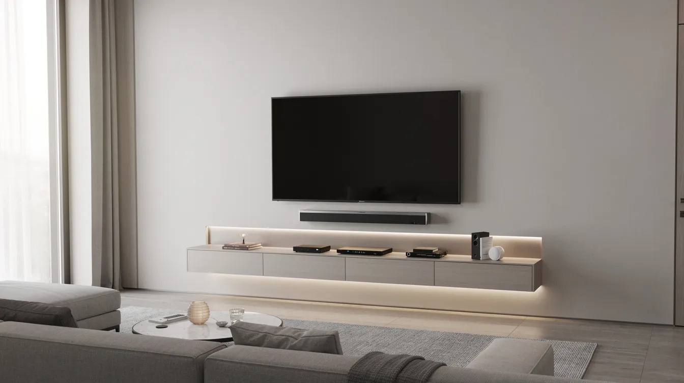 The image showcases a professional TV installation in a modern living room, featuring a sleek wall mount that securely holds the TV while concealing cables for a clean finish. The organized space highlights the use of sturdy hardware and tools, creating a peaceful and aesthetically pleasing environment.