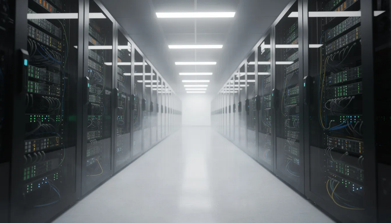 Imagen de un moderno centro de datos que muestra filas de servidores con luces indicadoras encendidas, simbolizando el funcionamiento de la computación en la nube y la gestión de datos. Este entorno tecnológico destaca la infraestructura necesaria para ofrecer servicios en la nube y soluciones de software como servicio (SaaS).