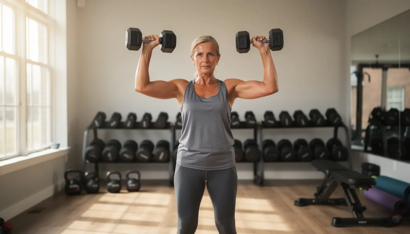 A person in their 50s is engaged in dumbbell exercises in a bright home gym, promoting their overall health and supporting healthy aging. This wellness routine emphasizes the importance of regular exercise for maintaining muscle and nerve function, essential for a healthier life and longevity.